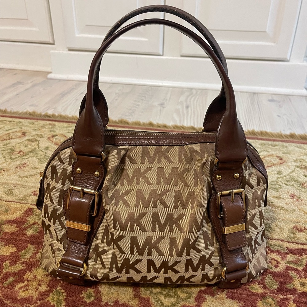 Michael Kors Large Bowling Satchel – Signature Monogram Logo, Caramel Brown Trim
